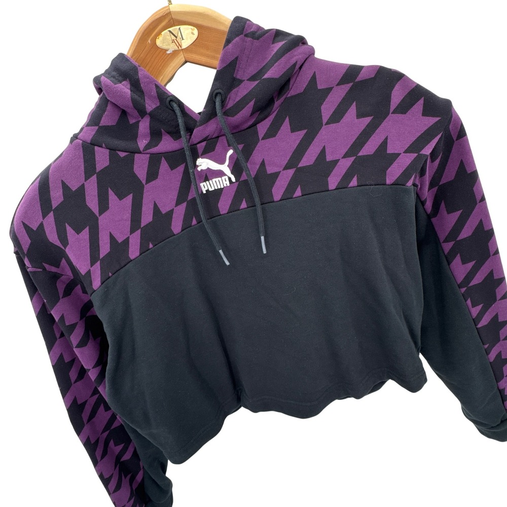 Puma Womens Cropped Hoodie S Purple Black Houndstooth Print Sweatshirt